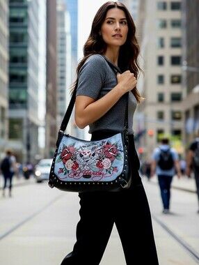 NWT ED HARDY Love Kills Slowly Roses Skull  Rhinestone Denim Hobo  Bag 17"x12"